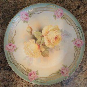 Vintage Royal Rudolstadt Prussia porcelain plate yellow and pink roses gold rim